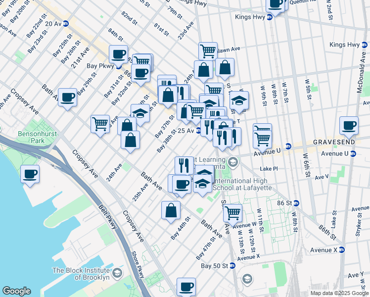 map of restaurants, bars, coffee shops, grocery stores, and more near 63 Bay 40th Street in Brooklyn