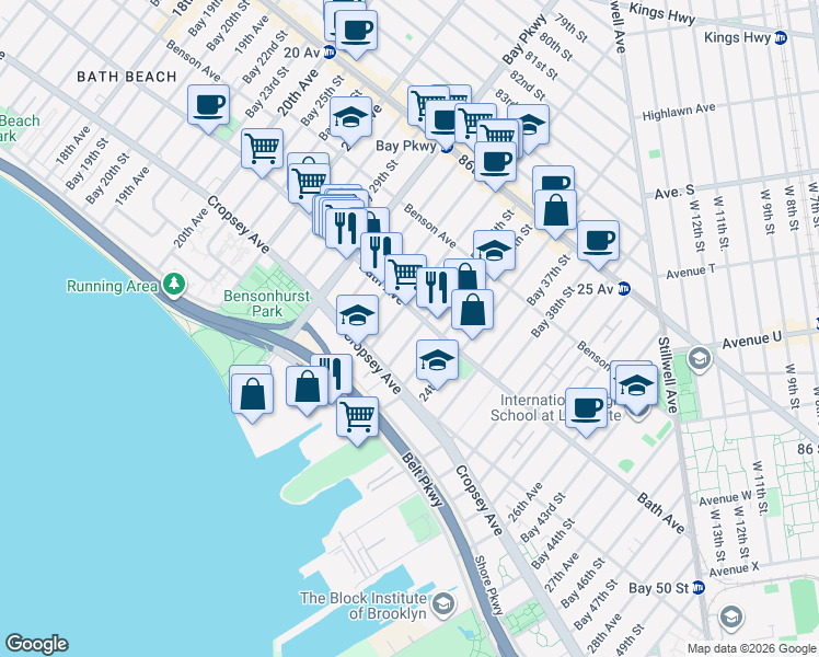map of restaurants, bars, coffee shops, grocery stores, and more near 201 Bay 34th Street in Brooklyn