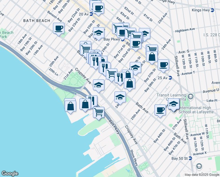 map of restaurants, bars, coffee shops, grocery stores, and more near 201 Bay 34th Street in Brooklyn