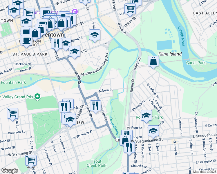 map of restaurants, bars, coffee shops, grocery stores, and more near in Allentown