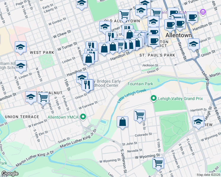 map of restaurants, bars, coffee shops, grocery stores, and more near 214 South Richland Street in Allentown