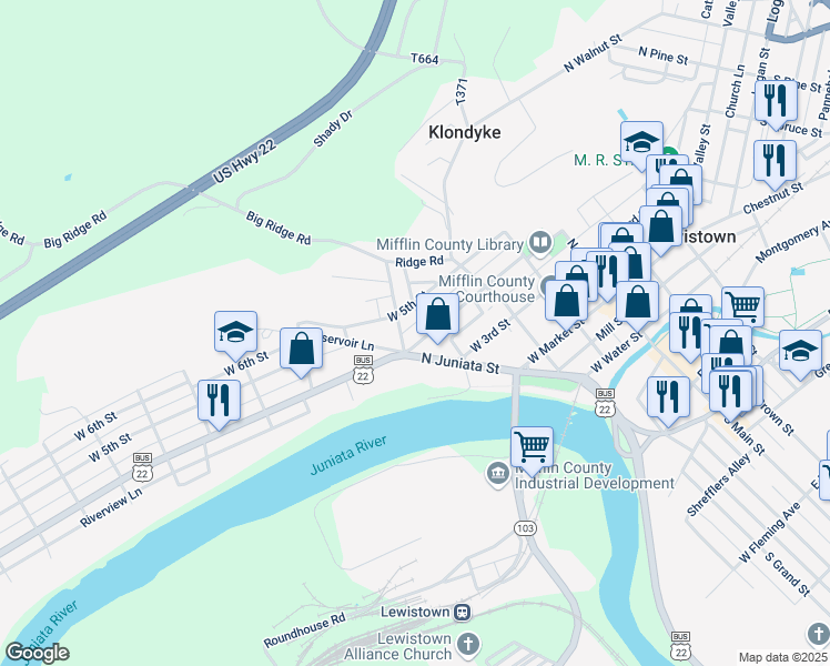 map of restaurants, bars, coffee shops, grocery stores, and more near 181 West 4th Street in Lewistown