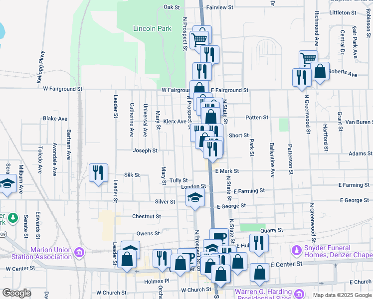 map of restaurants, bars, coffee shops, grocery stores, and more near 470 Oak Street in Marion