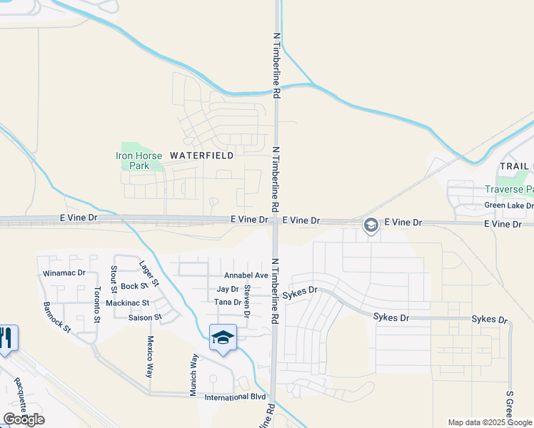 map of restaurants, bars, coffee shops, grocery stores, and more near 2524 East Vine Drive in Fort Collins