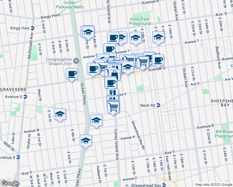 map of restaurants, bars, coffee shops, grocery stores, and more near 1110 Avenue V in Brooklyn