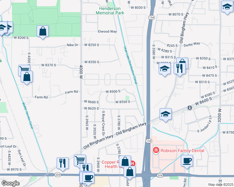 map of restaurants, bars, coffee shops, grocery stores, and more near 3827 Country Squire Drive in West Jordan