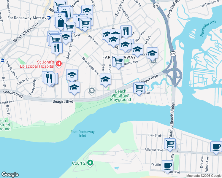 map of restaurants, bars, coffee shops, grocery stores, and more near 11-18B Heyson Road in Queens