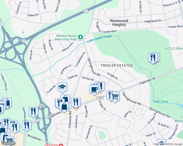 map of restaurants, bars, coffee shops, grocery stores, and more near 3908 Short Hill Drive in Allentown