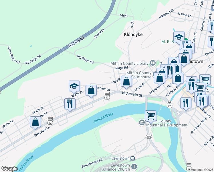 map of restaurants, bars, coffee shops, grocery stores, and more near 342 West 5th Street in Lewistown