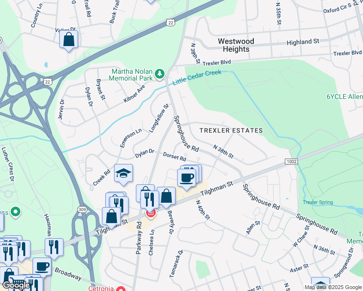 map of restaurants, bars, coffee shops, grocery stores, and more near 3908 Short Hill Drive in Allentown