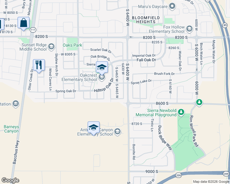 map of restaurants, bars, coffee shops, grocery stores, and more near 8559 Laurel Oak Drive in West Jordan