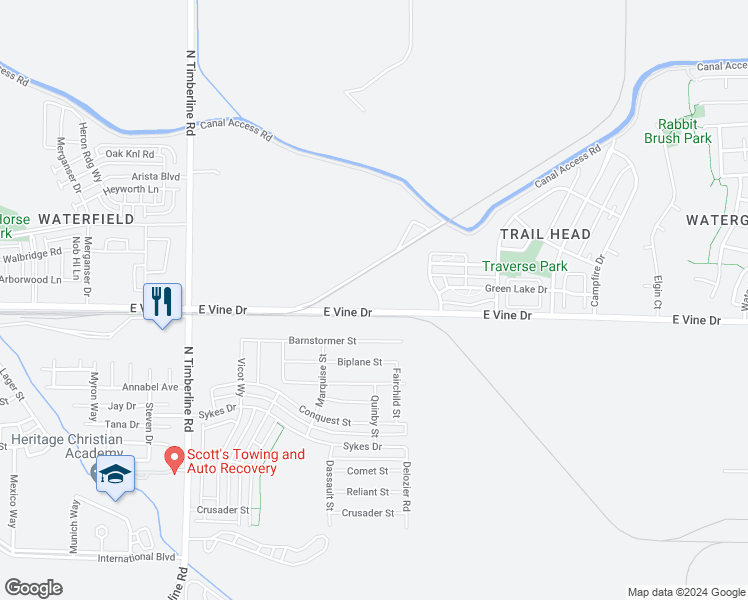 map of restaurants, bars, coffee shops, grocery stores, and more near 3012 East Vine Drive in Fort Collins