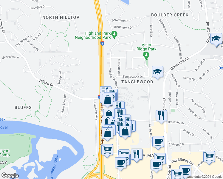 map of restaurants, bars, coffee shops, grocery stores, and more near 808 Mission De Oro Drive in Redding