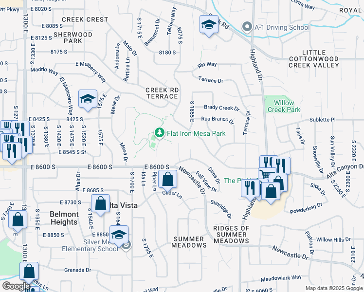 map of restaurants, bars, coffee shops, grocery stores, and more near 8535 Senda Circle in Sandy