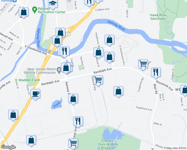 map of restaurants, bars, coffee shops, grocery stores, and more near 6a Terminal Way in Woodbridge Township
