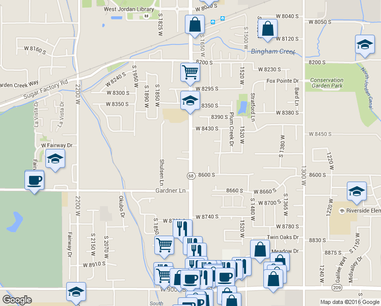 map of restaurants, bars, coffee shops, grocery stores, and more near 8534 South Redwood Road in West Jordan