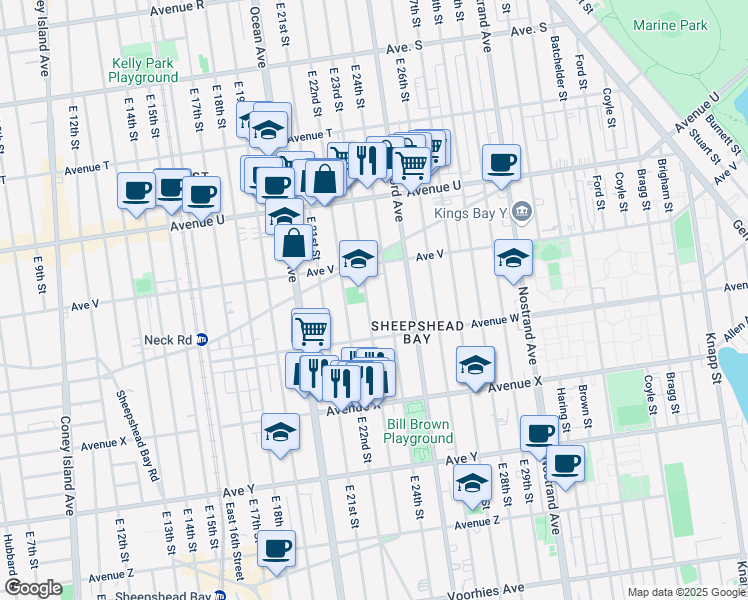 map of restaurants, bars, coffee shops, grocery stores, and more near 2268 East 24th Street in Brooklyn