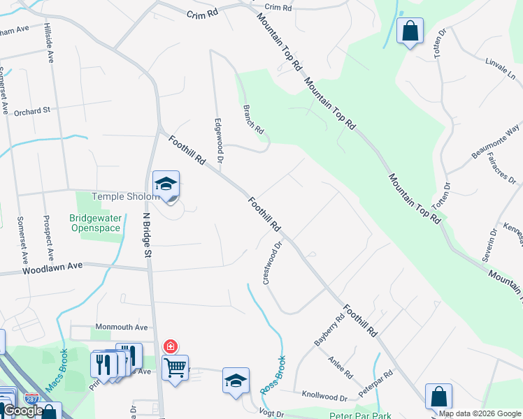 map of restaurants, bars, coffee shops, grocery stores, and more near 549 Foothill Road in Bridgewater Township