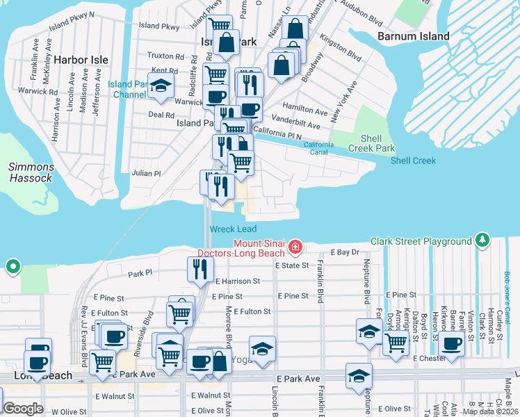 map of restaurants, bars, coffee shops, grocery stores, and more near 1 Waterview Road in Island Park