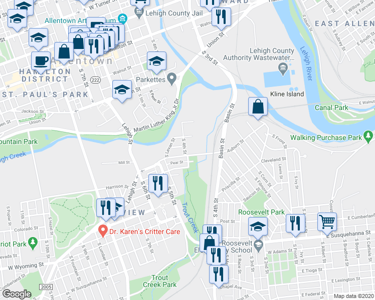 map of restaurants, bars, coffee shops, grocery stores, and more near 391 Auburn Street in Allentown