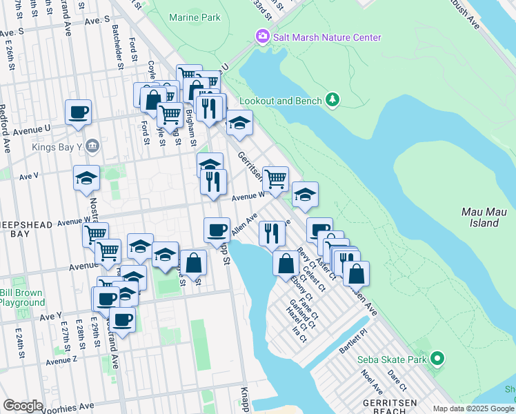 map of restaurants, bars, coffee shops, grocery stores, and more near 116 Celest Court in Brooklyn