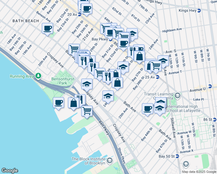 map of restaurants, bars, coffee shops, grocery stores, and more near 2355 Bath Avenue in Brooklyn