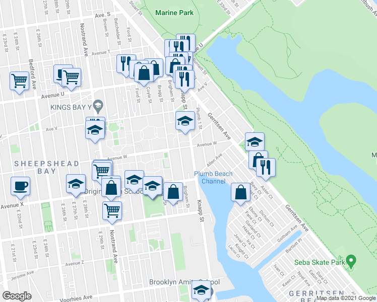 map of restaurants, bars, coffee shops, grocery stores, and more near 2308 Knapp Street in Brooklyn
