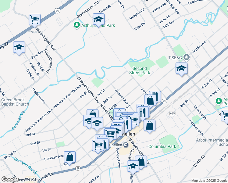 map of restaurants, bars, coffee shops, grocery stores, and more near 206 2nd Street in Dunellen