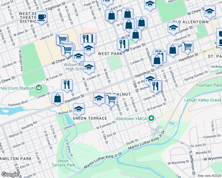 map of restaurants, bars, coffee shops, grocery stores, and more near 31 South West Street in Allentown