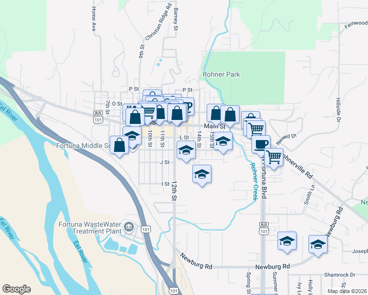 map of restaurants, bars, coffee shops, grocery stores, and more near 508 13th Street in Fortuna