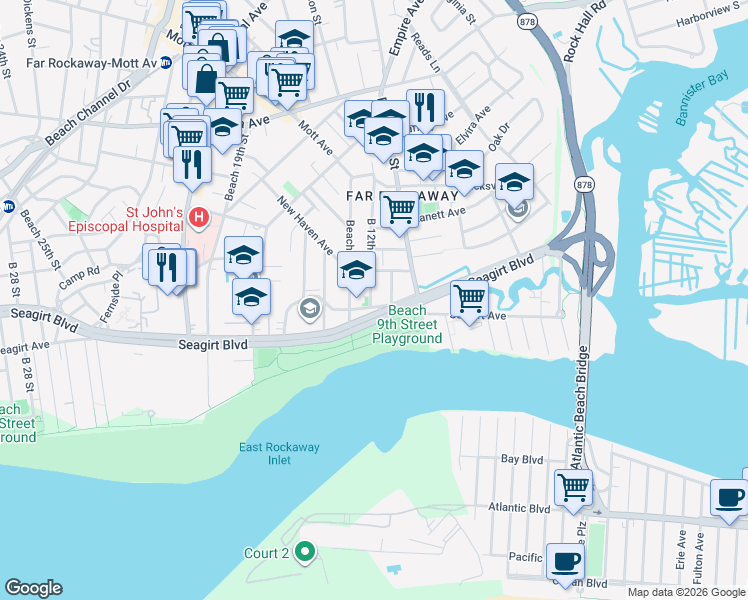 map of restaurants, bars, coffee shops, grocery stores, and more near 11-18B Heyson Road in Queens