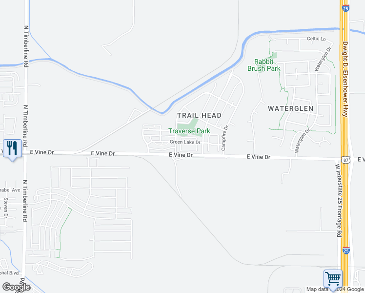 map of restaurants, bars, coffee shops, grocery stores, and more near 3313 Green Lake Drive in Fort Collins
