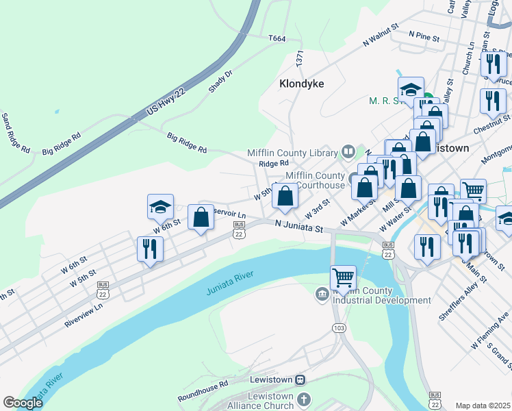 map of restaurants, bars, coffee shops, grocery stores, and more near 218 Bratton Avenue in Lewistown