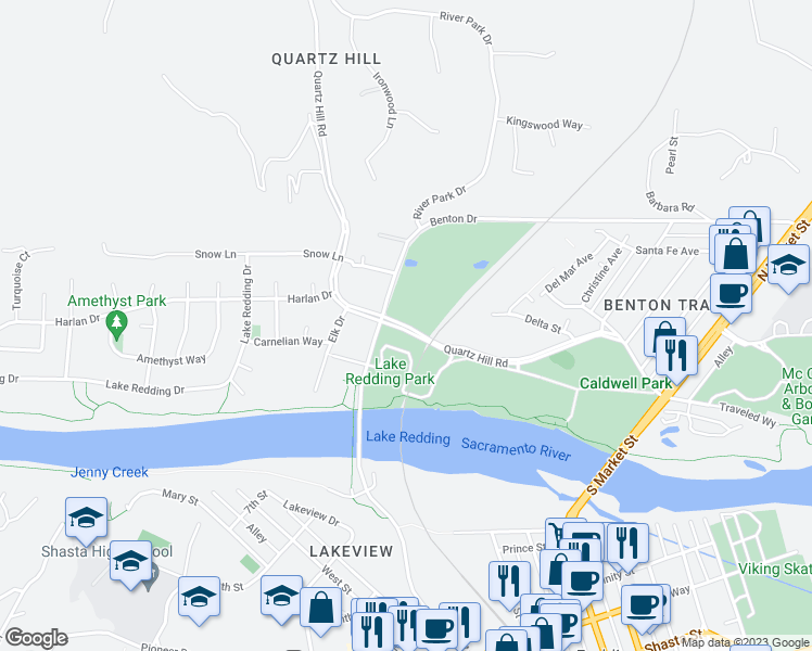 map of restaurants, bars, coffee shops, grocery stores, and more near 58 Quartz Hill Road in Redding