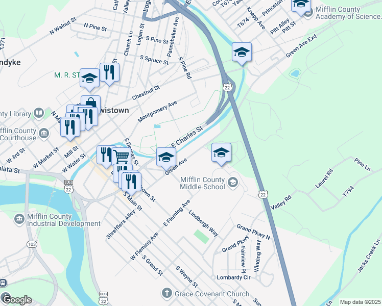 map of restaurants, bars, coffee shops, grocery stores, and more near 409 Green Avenue Extension in Lewistown