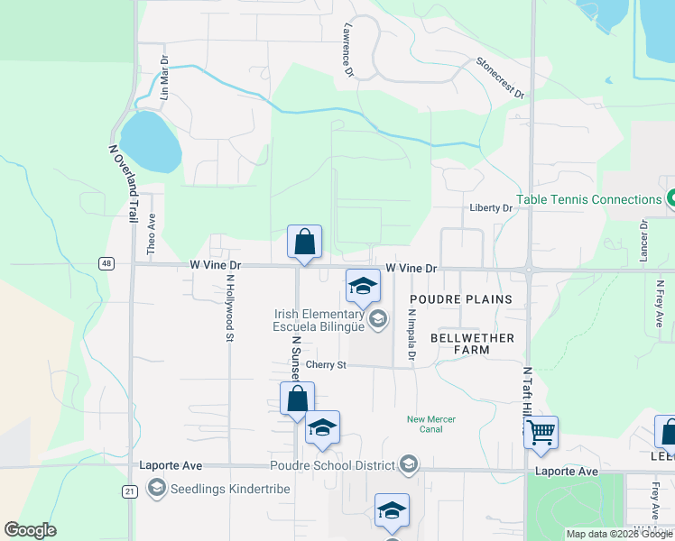 map of restaurants, bars, coffee shops, grocery stores, and more near 2609 West Vine Drive in Fort Collins