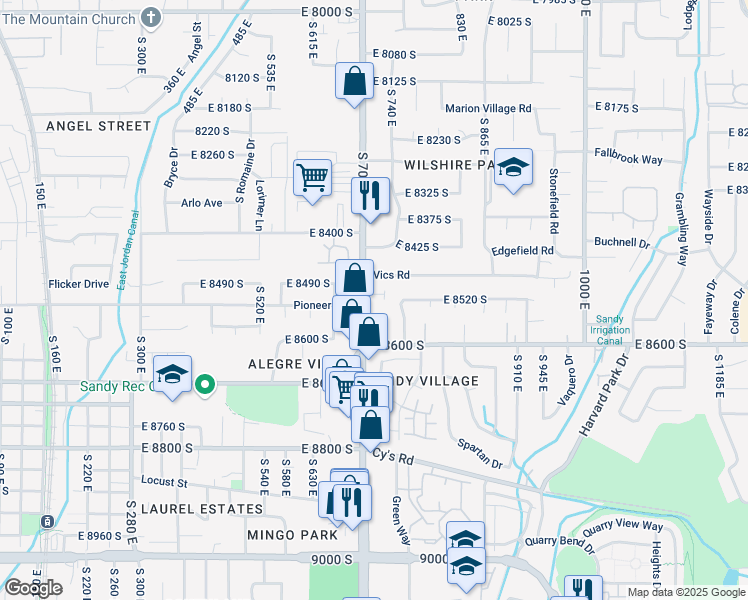 map of restaurants, bars, coffee shops, grocery stores, and more near 8555 South 700 East in Sandy