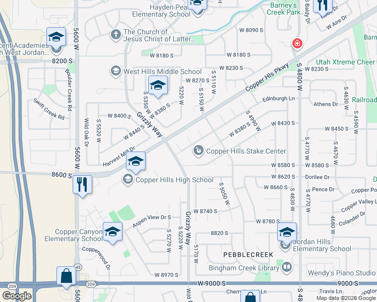 map of restaurants, bars, coffee shops, grocery stores, and more near 5176 West 8430 South in West Jordan