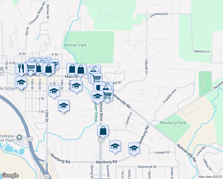 map of restaurants, bars, coffee shops, grocery stores, and more near 2123 Rohnerville Road in Fortuna