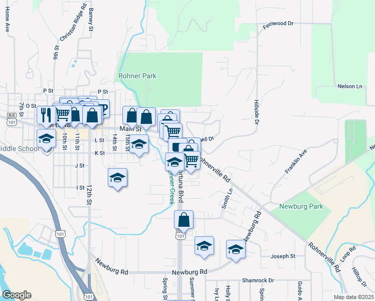 map of restaurants, bars, coffee shops, grocery stores, and more near 2009 S Main St in Fortuna