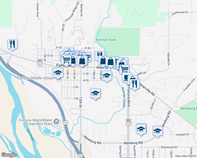 map of restaurants, bars, coffee shops, grocery stores, and more near 439 14th Street in Fortuna