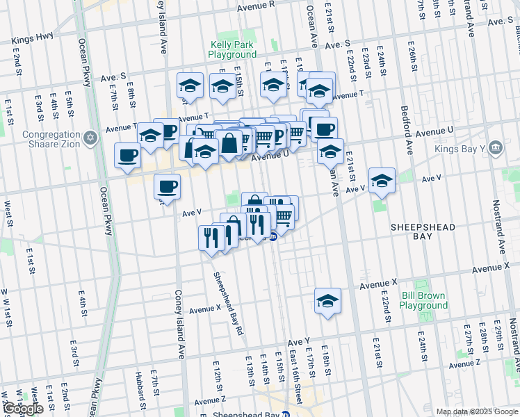 map of restaurants, bars, coffee shops, grocery stores, and more near 2226 East 15th Street in Brooklyn
