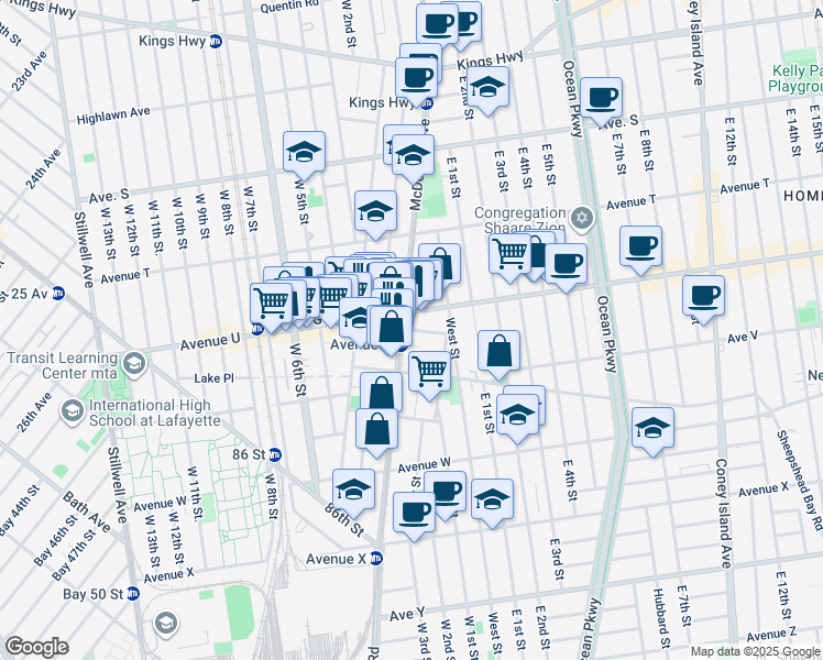 map of restaurants, bars, coffee shops, grocery stores, and more near 2299 McDonald Avenue in Brooklyn