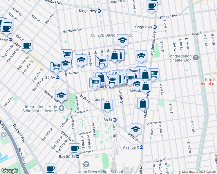 map of restaurants, bars, coffee shops, grocery stores, and more near 2108 West 7th Street in Brooklyn