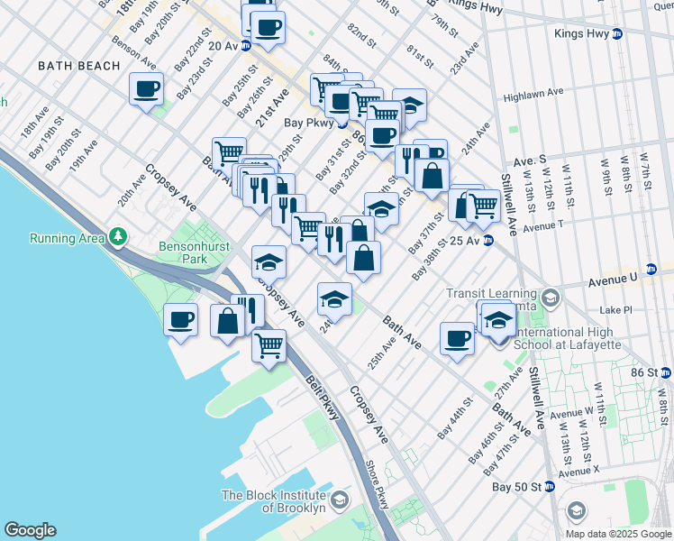 map of restaurants, bars, coffee shops, grocery stores, and more near 2355 Bath Avenue in Brooklyn