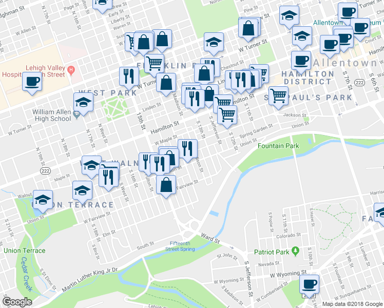 map of restaurants, bars, coffee shops, grocery stores, and more near 120 South Madison Street in Allentown