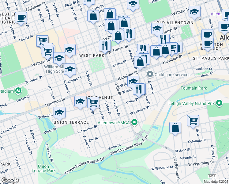 map of restaurants, bars, coffee shops, grocery stores, and more near 1504 Walnut Street in Allentown