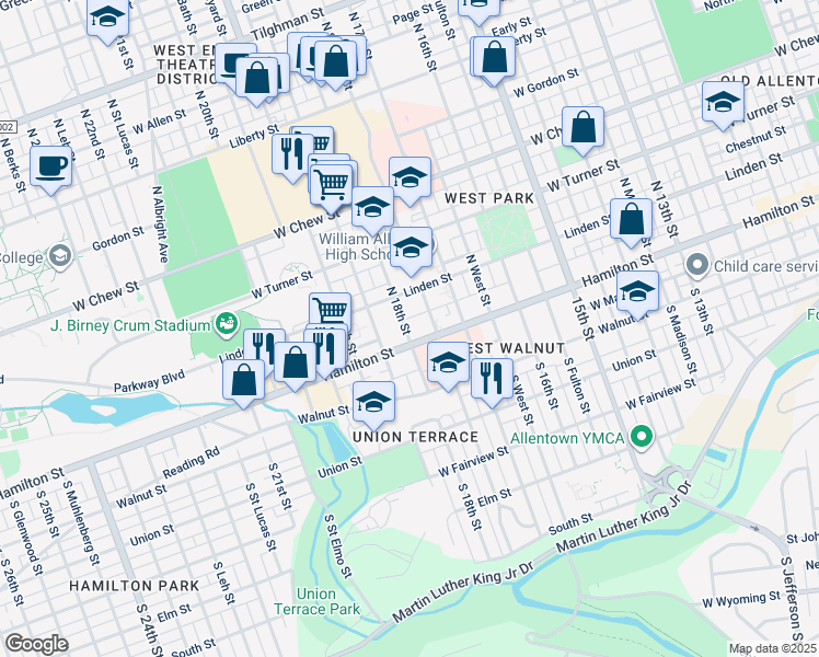 map of restaurants, bars, coffee shops, grocery stores, and more near 32 North 18th Street in Allentown