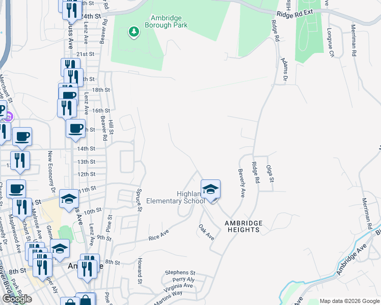 map of restaurants, bars, coffee shops, grocery stores, and more near 1226 Highland Avenue in Ambridge