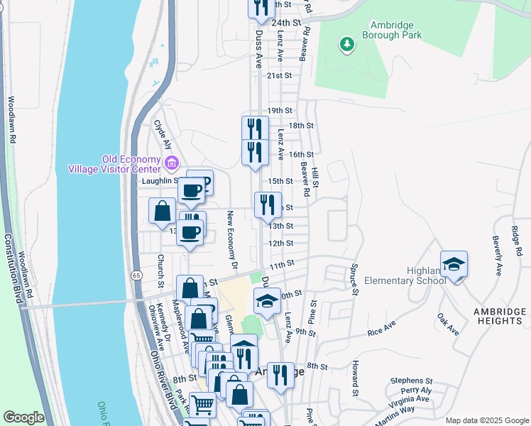map of restaurants, bars, coffee shops, grocery stores, and more near 1300 Duss Avenue in Ambridge